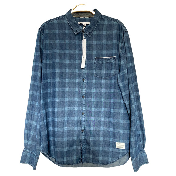 Jane + Delancey Windowpane Plaid Shirt Men M Vintage Washed Blue Button Down NWT - Picture 2 of 11